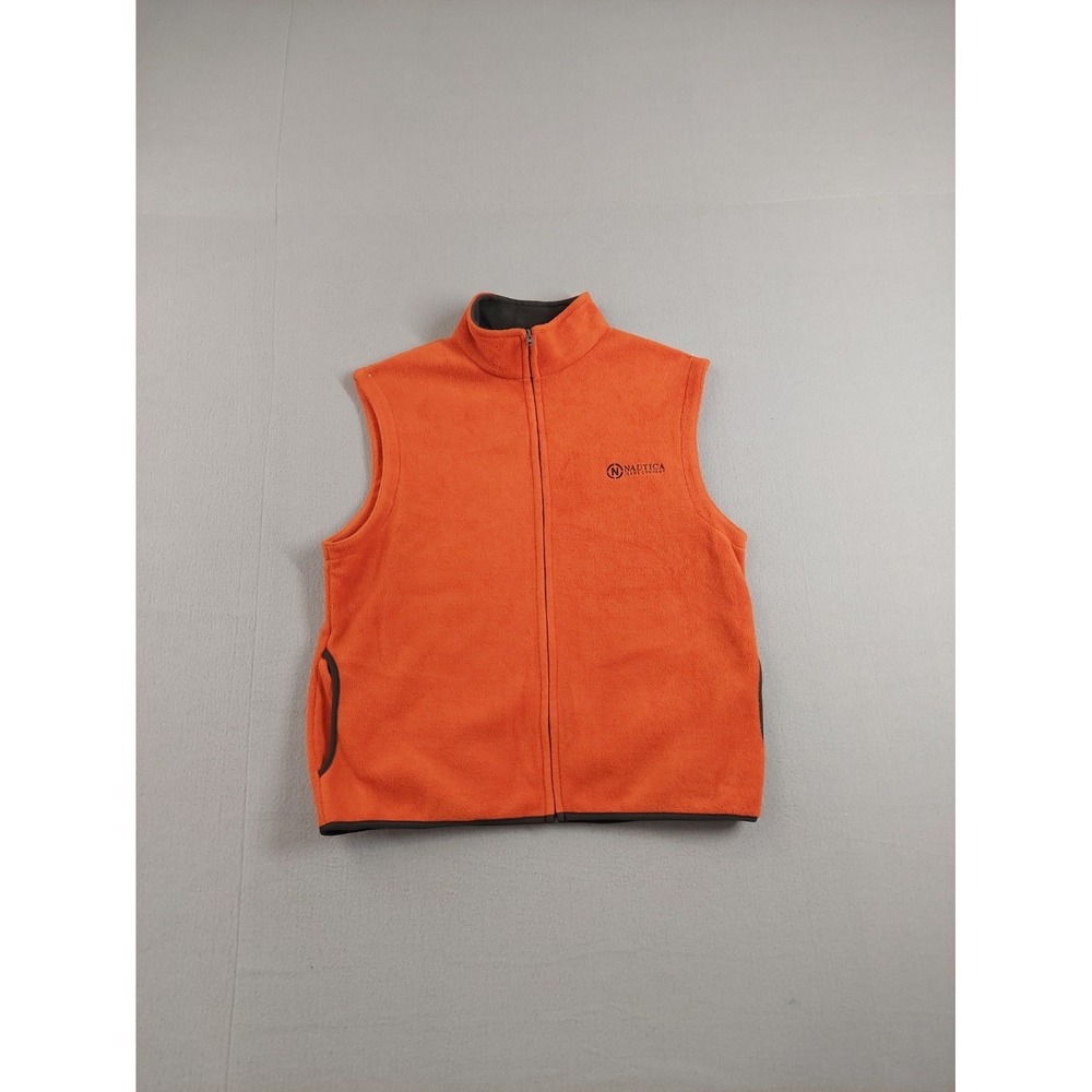 Nautica Men Vest XL Orange Fleece Zip Up Reversible Side Pockets Logo Outerwear